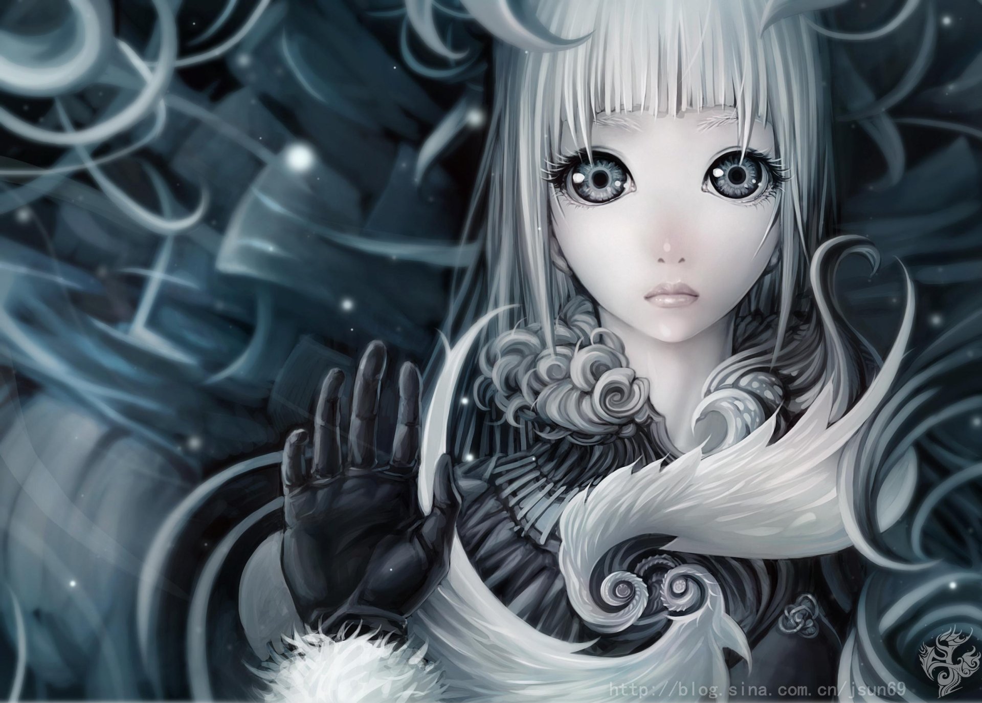 HD PC desktop wallpaper featuring an artistic fantasy depiction with white and dark swirling elements, centered on a wide-eyed character in front of an abstract white house backdrop.