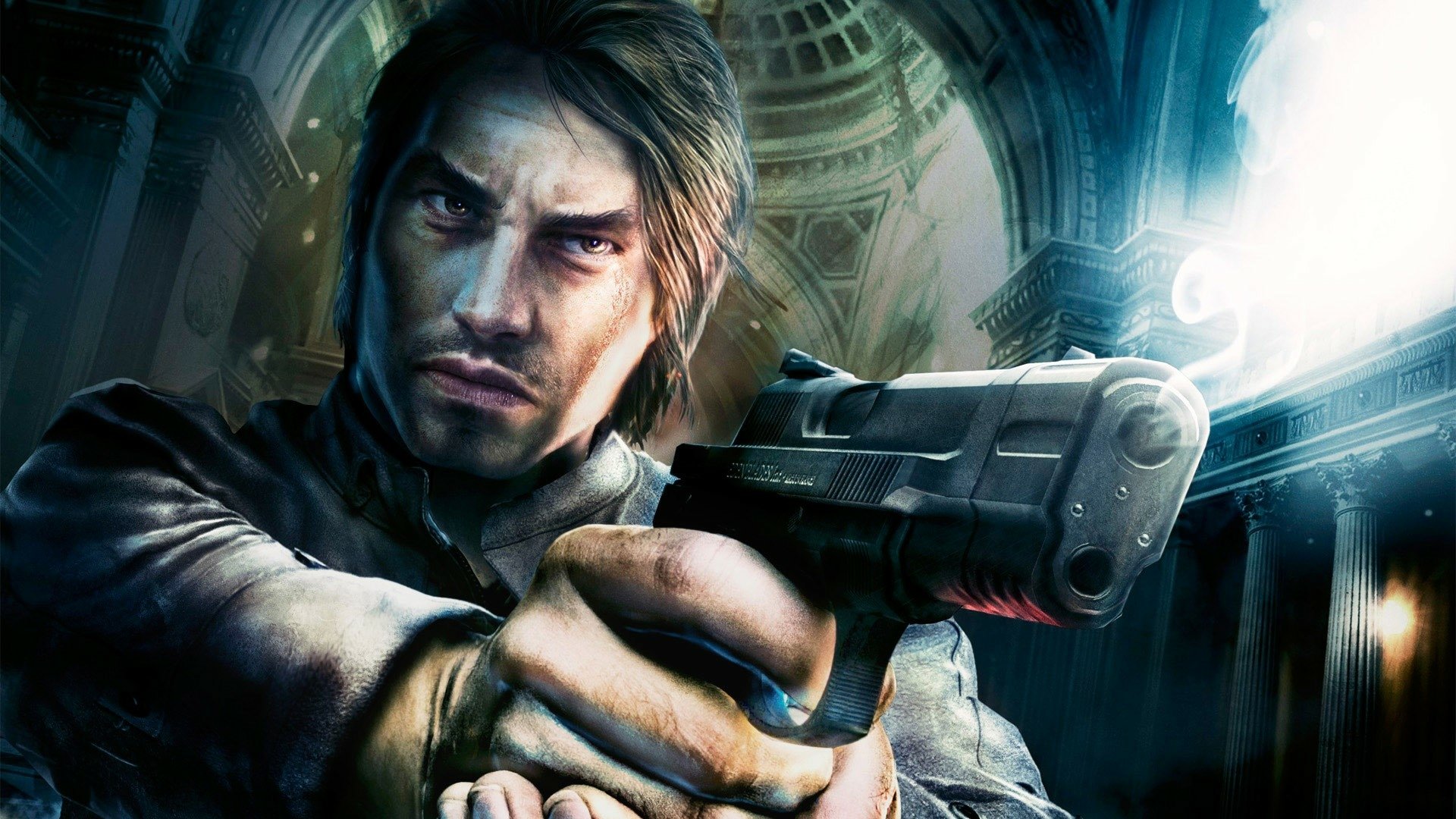 A gripping HD wallpaper featuring a character from the video game *Alone in the Dark*, brandishing a gun in a haunting, atmospheric setting.