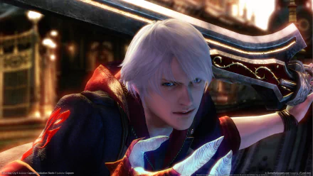 A dynamic HD desktop wallpaper from Devil May Cry 4, featuring a fierce character with white hair wielding a silver weapon, set against an atmospheric background.