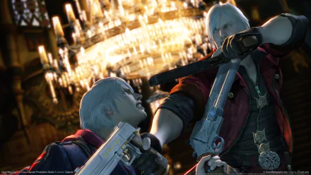 An intense scene from Devil May Cry 4, featuring two characters in a dramatic face-off, set against a backdrop of sparkling chandeliers in HD quality.
