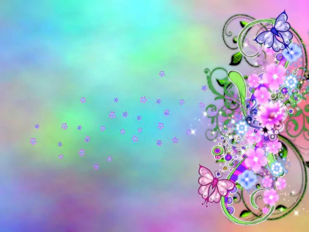 A vibrant, pastel wallpaper showcasing colorful flowers and butterflies, blending fantasy and spring elements with artistic swirls and soft, dreamy backgrounds.