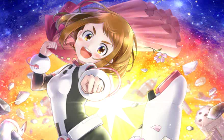 Ochaco Uraraka from My Hero Academia in a dynamic pose against a vibrant, cosmic background. This HD desktop wallpaper showcases the anime character with bright, energetic colors.