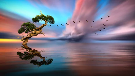 A serene sunset casts vibrant colors across the sky, reflecting on a tranquil lake. A solitary tree stands by the water as birds fly overhead, capturing the essence of nature's beauty.