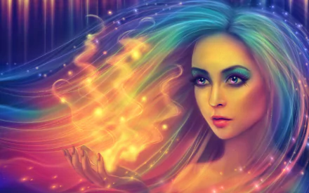 A colorful, fantasy-inspired portrait of a woman with vibrant hair and striking features, emitting glowing particles. This HD wallpaper captivates with its enchanting details.
