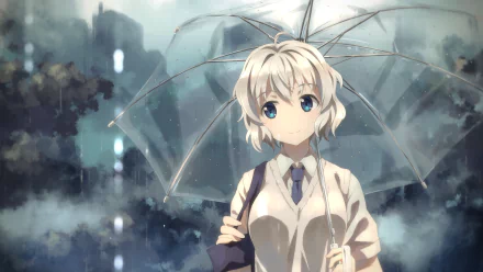 A captivating original anime scene featuring a young girl with short, light hair holding an umbrella against a rainy backdrop, creating a serene and atmospheric HD desktop wallpaper.
