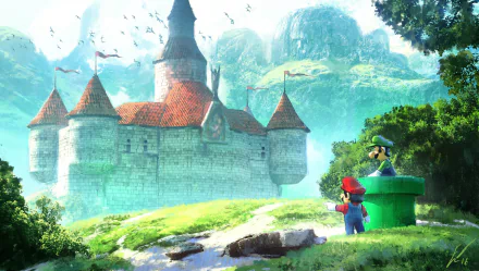 HD desktop wallpaper featuring Luigi and Mario from the video game Super Mario, standing near a castle in a lush, green landscape.