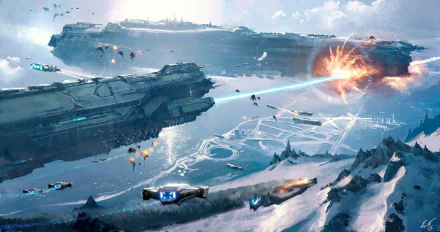 A stunning HD landscape features a sci-fi battle scene with a massive spaceship firing a laser beam over icy terrain, surrounded by smaller ships and explosions.