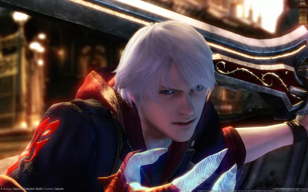 A dynamic HD desktop wallpaper from Devil May Cry 4, featuring a fierce character with white hair wielding a silver weapon, set against an atmospheric background.