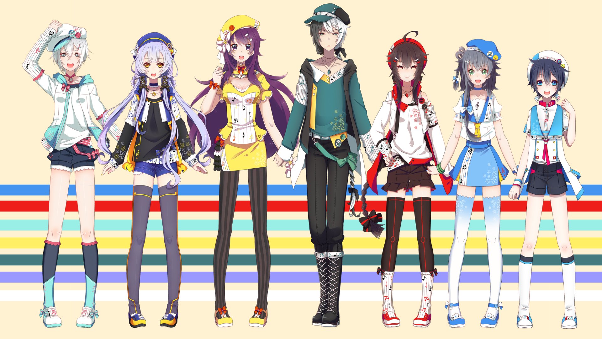 HD desktop wallpaper featuring anime-style Vocaloid characters Zhiyu Moke, Yuezheng Longya, Yuezheng Ling, Mo Qingxian, Luo Tianyi, YANHE, and Stardust in colorful outfits.