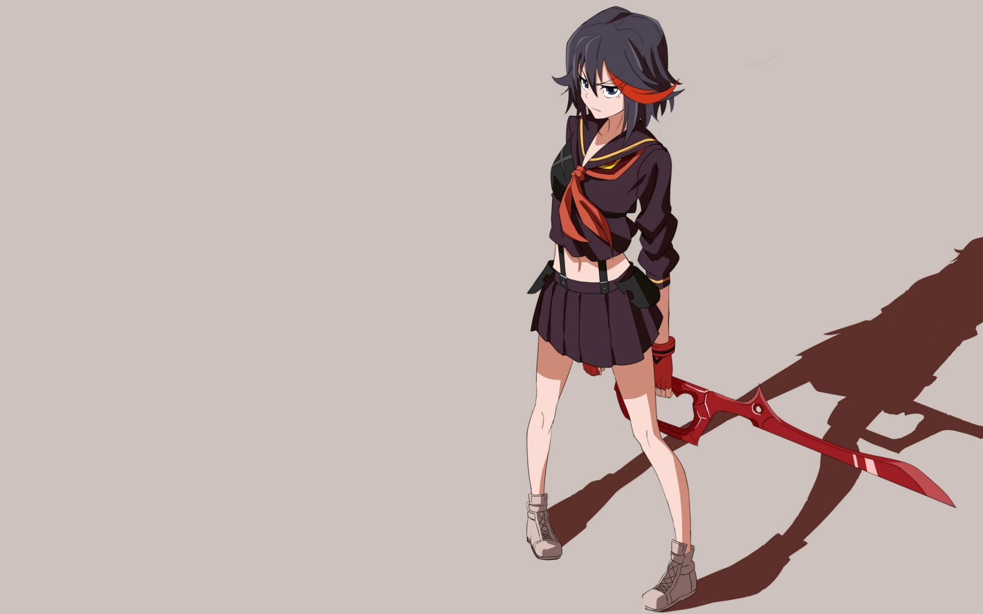 HD PC desktop wallpaper featuring Ryūko Matoi from the anime Kill La Kill, wearing her signature skirt and holding her red scissor blade weapon.