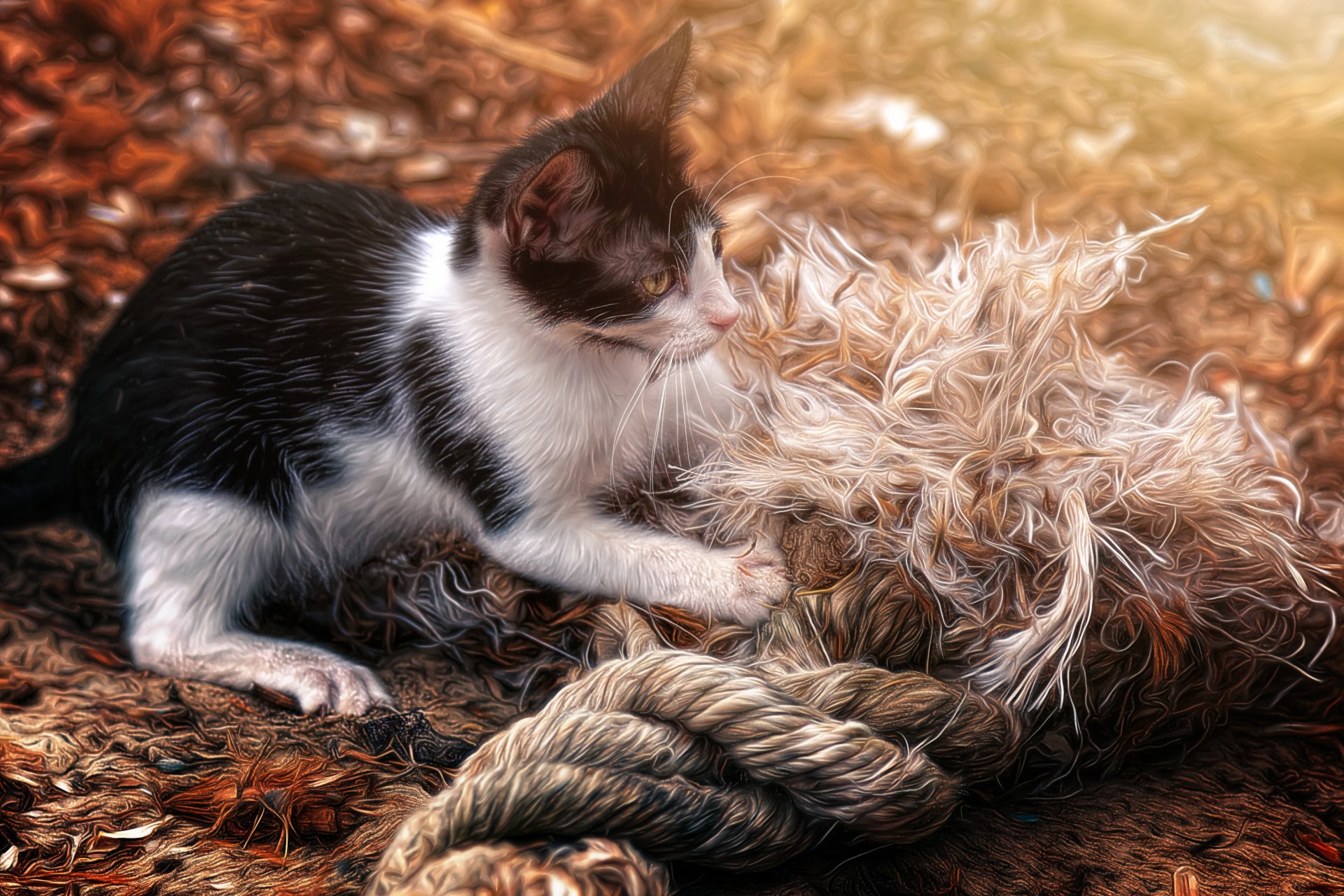 A curious black and white cat plays with a thick rope on a textured natural ground, captured in this HD PC desktop wallpaper and background.