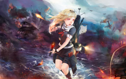 Yuudachi (Kancolle) anime HD PC desktop wallpaper/background: ship girl in sailor uniform with windswept blonde hair standing amid a fiery, stormy ocean battle.