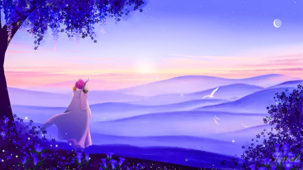 HD desktop wallpaper from Yona of the Dawn anime featuring Yona standing on a cliff, gazing at a serene, pastel-colored landscape with rolling hills under a twilight sky.