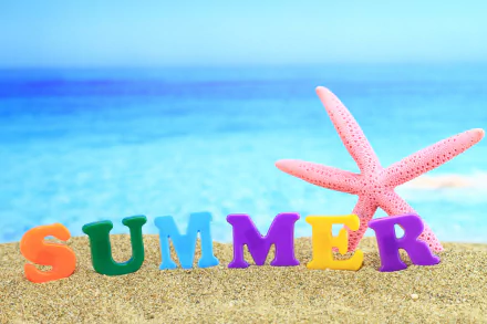 A vibrant summer scene featuring colorful letters spelling SUMMER alongside a pink starfish on sandy shores, with a tranquil blue ocean in the background. 4K Ultra HD resolution.