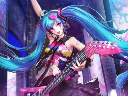 Anime character Hatsune Miku rocks a vibrant guitar, showcasing her blue twintails and striking purple eyes. This HD wallpaper captures her dynamic energy and Vocaloid charm.