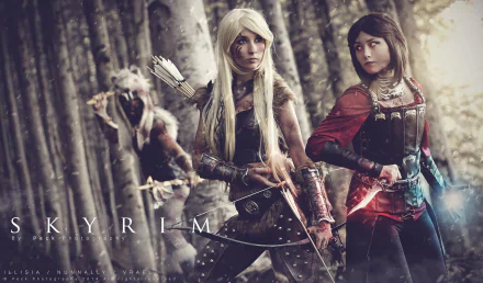 A vibrant cosplay of Serana from The Elder Scrolls V: Skyrim, featuring two women in dynamic poses amidst a forest backdrop, showcasing detailed costumes and a fantasy atmosphere.