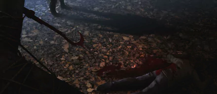 A dark, atmospheric HD desktop wallpaper from the video game Dead By Daylight, featuring a shadowy figure looming over a bloodied scene on a forest floor.