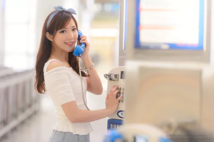 A woman named Wing Wing smiles as she speaks on a blue payphone, set in a bright, modern environment. This image serves as a vibrant HD desktop wallpaper and background.