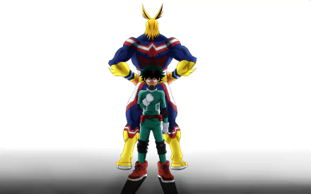 A high-definition desktop wallpaper featuring characters Toshinori Yagi (All Might) standing heroically behind Izuku Midoriya from the anime My Hero Academia, against a white background.