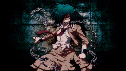 HD wallpaper featuring Tomoko Kuroki from the anime Watamote, depicted with chains and a striking expression, set against a dark, textured background.
