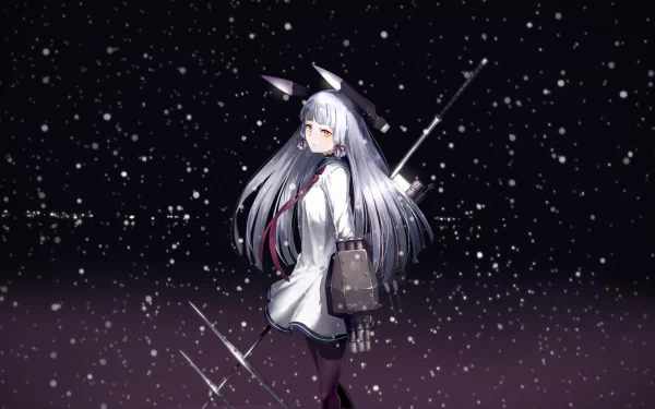 HD PC desktop wallpaper featuring Murakumo from Kantai Collection, depicted in anime style with falling snow against a dark, starry background.