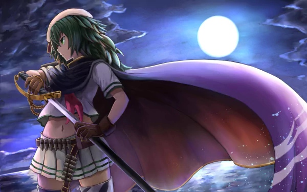 HD anime wallpaper featuring Kiso from Kantai Collection standing with a sword under a full moon, surrounded by a dramatic night sky.