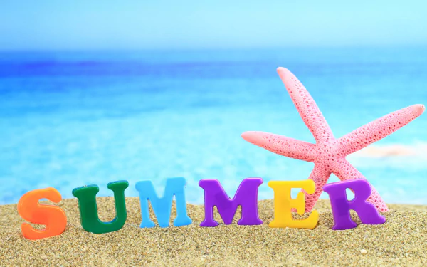 A vibrant summer scene featuring colorful letters spelling SUMMER alongside a pink starfish on sandy shores, with a tranquil blue ocean in the background. 4K Ultra HD resolution.