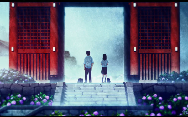 An anime couple stands together in summer near a vibrant hydrangea garden, framed by a traditional gate, capturing a moment of friendship and connection in this original HD wallpaper.