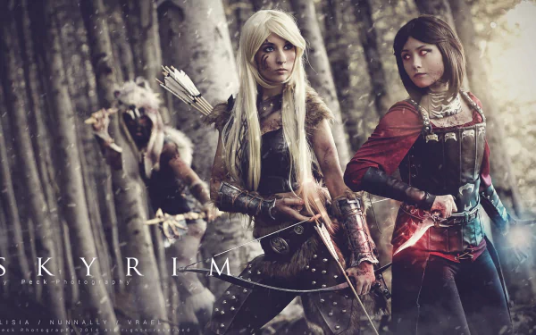 A vibrant cosplay of Serana from The Elder Scrolls V: Skyrim, featuring two women in dynamic poses amidst a forest backdrop, showcasing detailed costumes and a fantasy atmosphere.