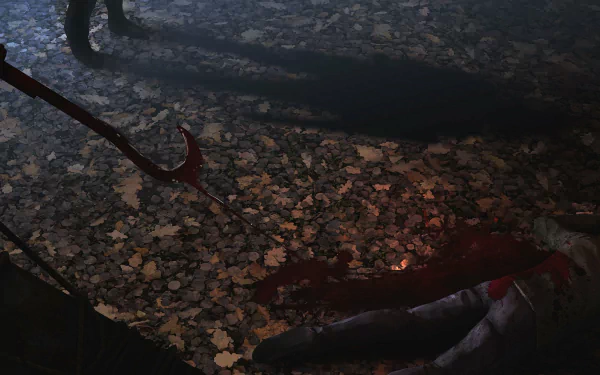 A dark, atmospheric HD desktop wallpaper from the video game Dead By Daylight, featuring a shadowy figure looming over a bloodied scene on a forest floor.
