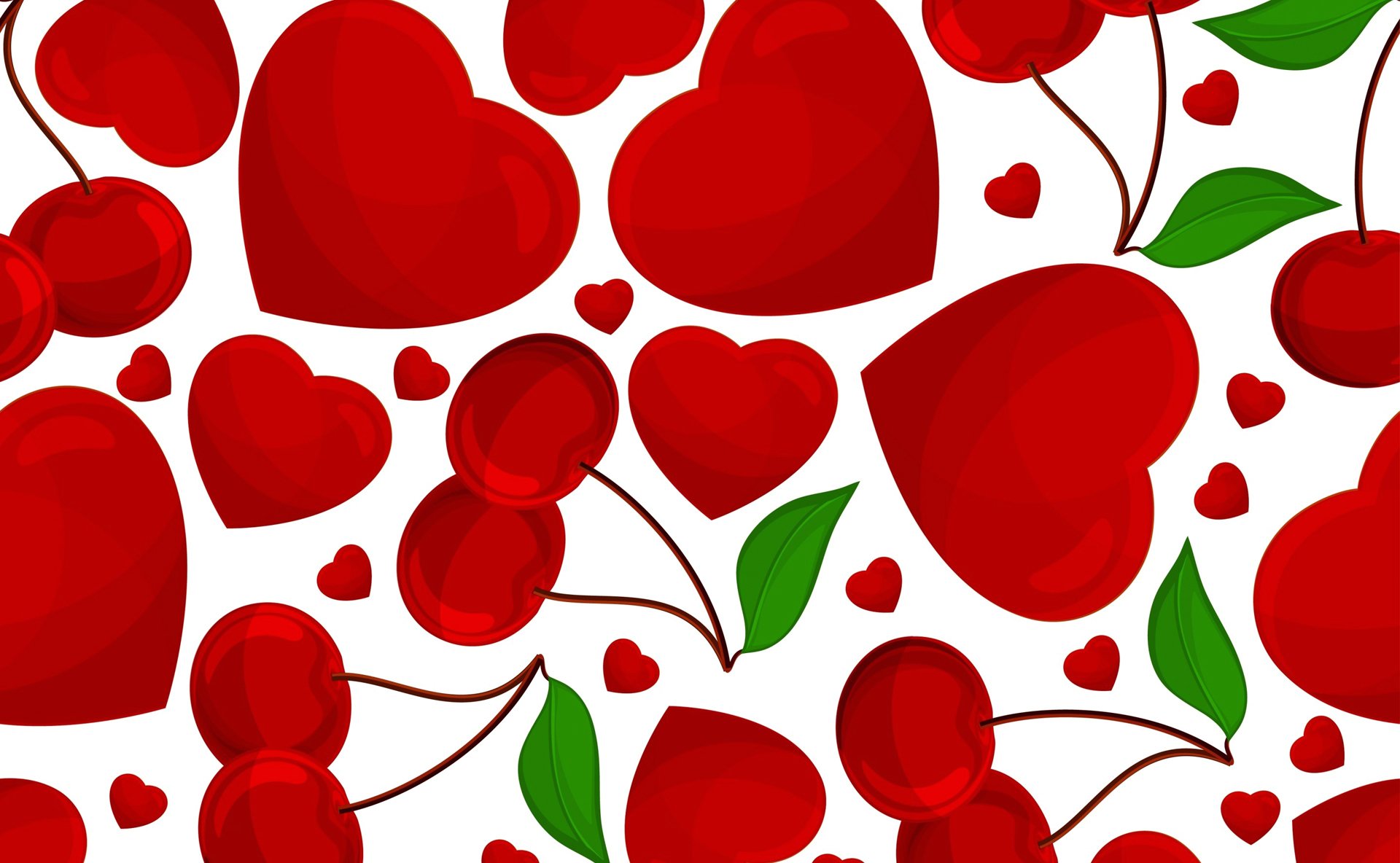 A vibrant HD wallpaper featuring an artistic arrangement of red cherries and hearts, symbolizing love and passion against a bright background.