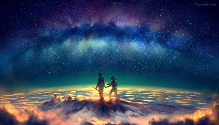 Two anime characters stand on a mountain peak beneath a star-filled sky, with vibrant auroras overhead. High-definition desktop wallpaper.