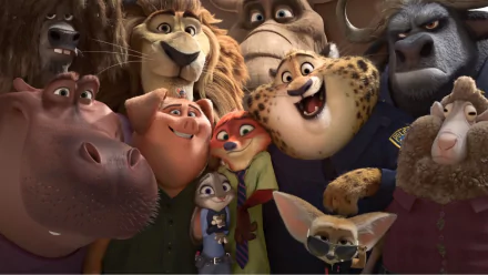 Colorful HD wallpaper featuring characters from the movie Zootopia, including Benjamin Clawhauser, Nick Wilde, and Judy Hopps, surrounded by other animal friends in a lively scene.
