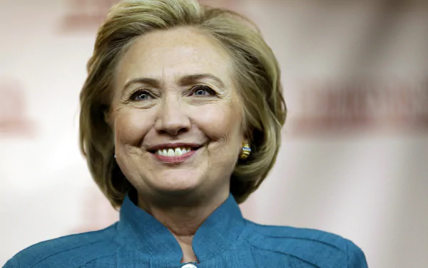 HD desktop wallpaper featuring a portrait of a smiling Hillary Rodham Clinton against a blurred background.