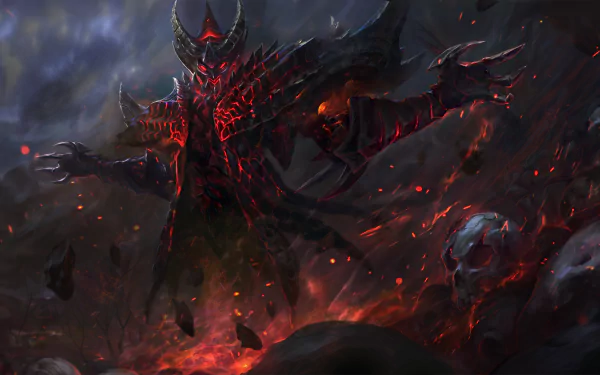 A dark, ominous figure in intricate armor stands amidst swirling shadows and skulls, embodying the Shadow Fiend from DotA 2. This striking HD wallpaper captures intense gaming energy.