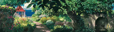 HD anime desktop wallpaper featuring a lush garden scene from Porco Rosso, with vibrant greenery, colorful flowers, and dappled sunlight filtering through tree leaves.