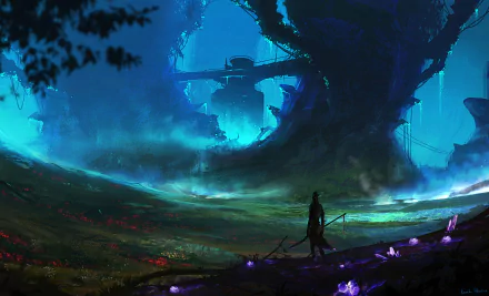 A fantasy warrior stands with a spear near a massive tree and mystical building in a glowing, otherworldly landscape in this HD fantasy desktop wallpaper.