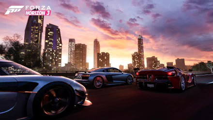 A stunning HD wallpaper featuring sleek cars from Forza Horizon 3, set against a vibrant sunset skyline, showcasing the excitement of high-speed racing.
