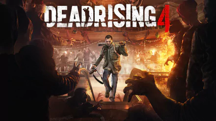 An intense 8K Ultra HD PC wallpaper from the video game Dead Rising 4, featuring the protagonist amid a chaotic zombie-filled scene.