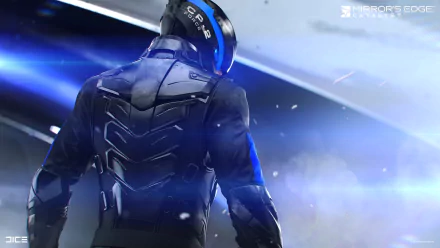 HD PC desktop wallpaper featuring a character in futuristic armor from the video game Mirror's Edge Catalyst, set against a space backdrop with bright blue light effects.