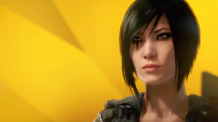 HD PC desktop wallpaper featuring Faith Connors, the protagonist from the video game Mirror's Edge Catalyst, with a sharp yellow and black background.