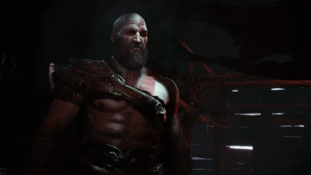 HD desktop wallpaper featuring Kratos from God of War (2018) video game, showcasing his muscular build and intense expression in a dark, atmospheric setting.