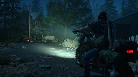 An HD desktop wallpaper from the video game Days Gone, featuring a biker in a dimly lit, post-apocalyptic setting with abandoned vehicles and a haunting atmosphere.