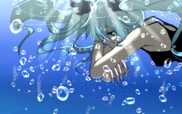 Anime-style Hatsune Miku underwater with flowing hair, surrounded by bubbles, conveying sadness in this HD Vocaloid desktop wallpaper.