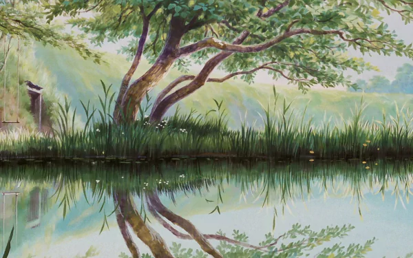 A serene HD wallpaper featuring a tranquil scene inspired by Grave of the Fireflies, showcasing a tree reflected in calm water, surrounded by lush greenery.