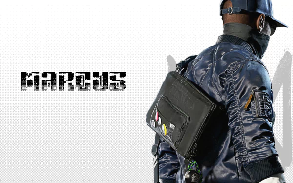 HD wallpaper featuring Marcus Holloway from the video game Watch Dogs 2, showcasing his stylish jacket and backpack against a textured background.