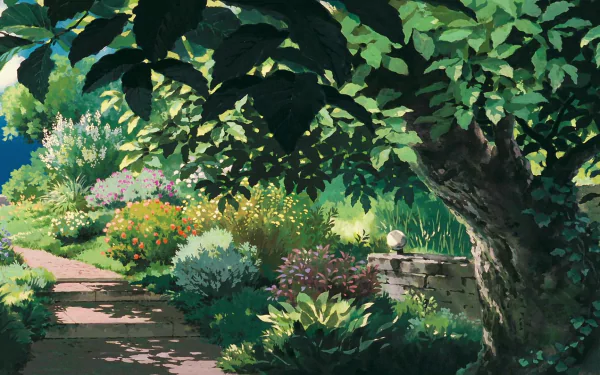 HD anime desktop wallpaper featuring a lush garden scene from Porco Rosso, with vibrant greenery, colorful flowers, and dappled sunlight filtering through tree leaves.