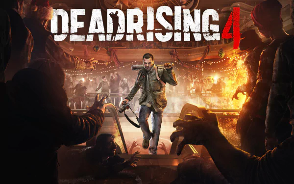 An intense 8K Ultra HD PC wallpaper from the video game Dead Rising 4, featuring the protagonist amid a chaotic zombie-filled scene.