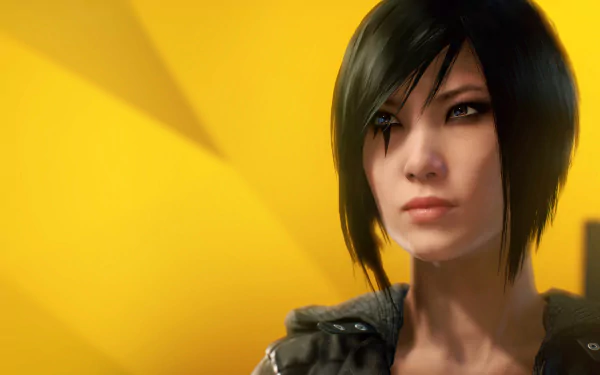 HD PC desktop wallpaper featuring Faith Connors, the protagonist from the video game Mirror's Edge Catalyst, with a sharp yellow and black background.