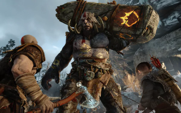 HD wallpaper depicting Kratos and his son fighting a giant monster in an epic scene from the 2018 video game God of War.